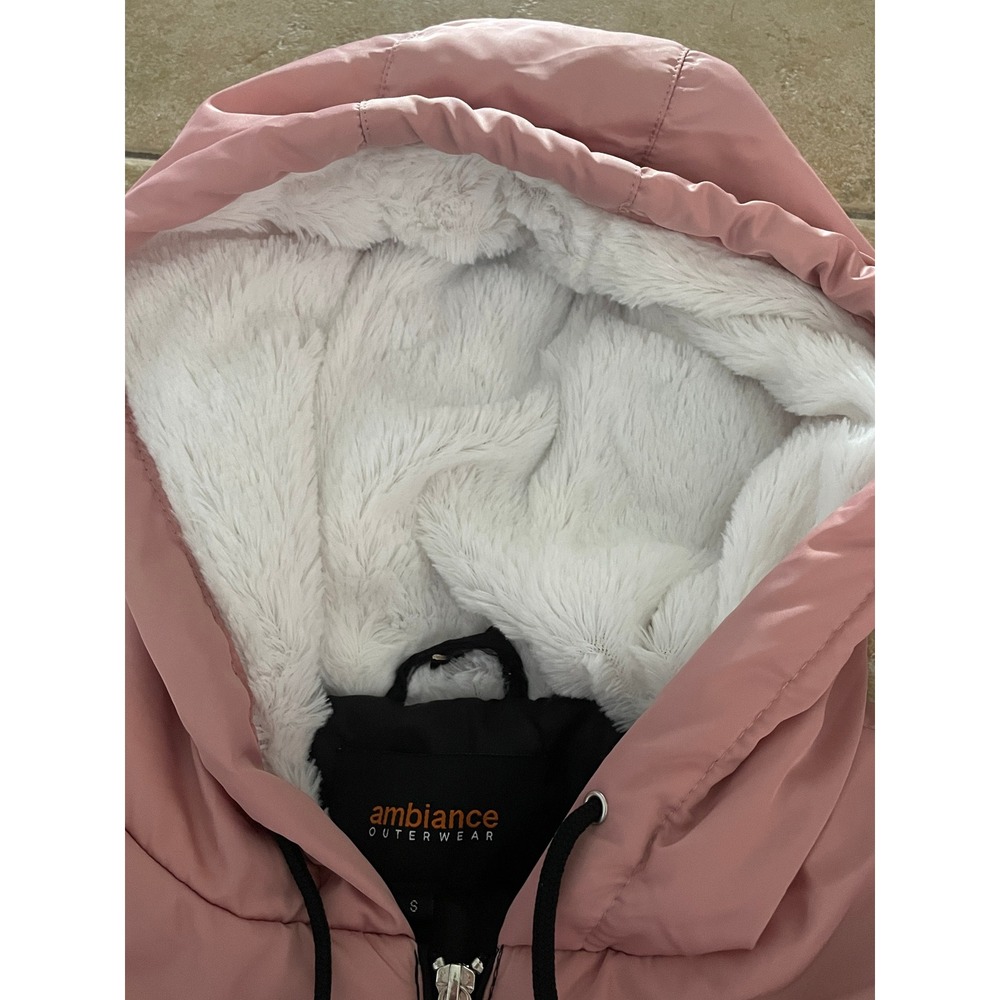 Pink White Black Chevron Colorblock Faux Fur Hooded Puffer Jacket Size S - Picture 3 of 10